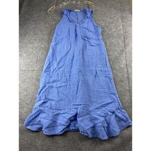 Francesca Bettini Women's M Blue Linen Midi V Neck Ruffle Dress Boho Lagenlook